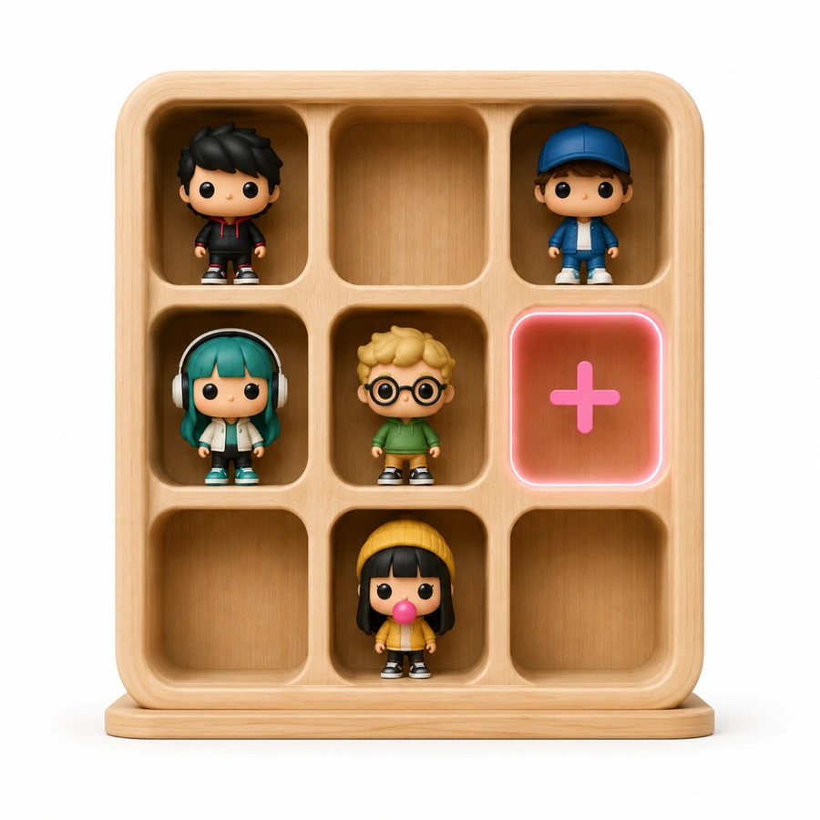 Estante de coleção com Funko Pops e um espaço vazio para adicionar