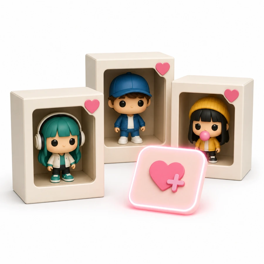 Funko Pops em caixas com corações e um espaço para adicionar à lista de desejos